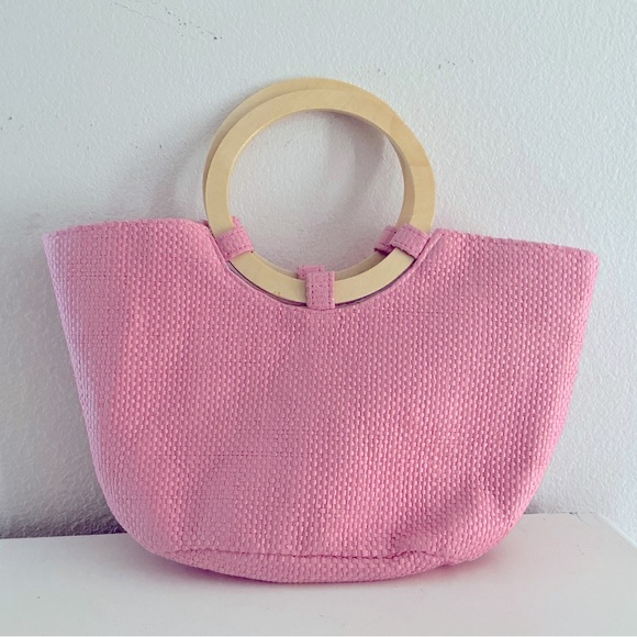 Pink Woven Tote Bag with Wooden Handle - Picture 1 of 2